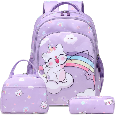 Conjunto lilás com mochila, estojo e bolsa com tema de gato e arco-íris