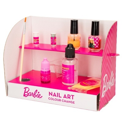Conjunto de Nail Art Barbie para mudança de cor das unhas, com frascos e pincel, em embalagem cor-de-rosa e branca.