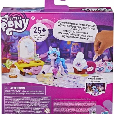 Embalagem do brinquedo My Little Pony com pónie azul, móveis e acessórios coloridos.