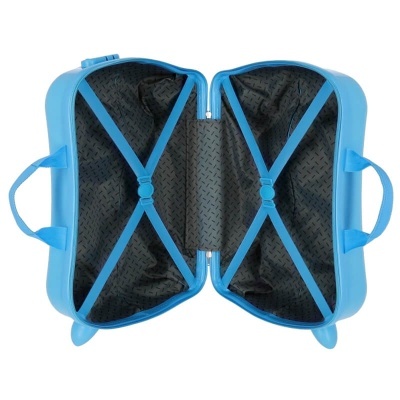 Mala de viagem rígida azul clara aberta com interior preto e cintas elásticas azuis