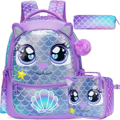 Mochila infantil roxa com rosto de gato e acessórios