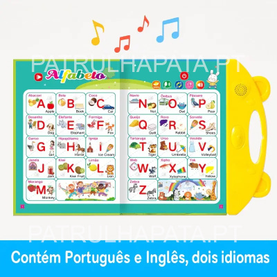 Livro infantil interativo com alfabeto em português e inglês