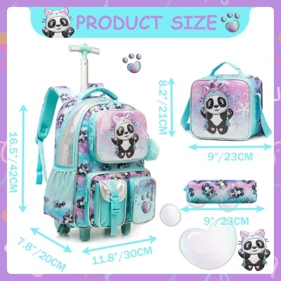 Conjunto mochila de carrinho, saco térmico e estojo com pandas em azul e rosa glitter