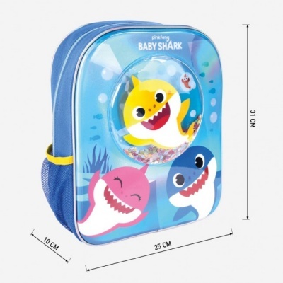 Mochila infantil Baby Shark azul com tubarões coloridos e compartimento frontal plástico com contas