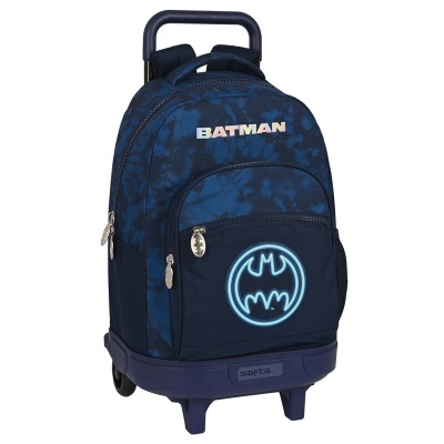 mochila azul escuro com rodas, símbolo do Batman e texto BATMAN