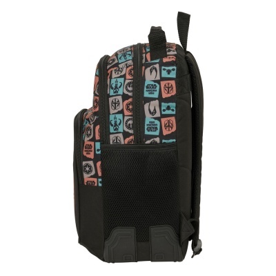 Mochila preta com padrão colorido de Star Wars e bolsos de rede
