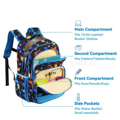Mochila azul com dinossauros coloridos e múltiplos compartimentos