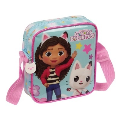 Bolsa infantil azul clara com personagem e gato e texto Gabby's Dollhouse