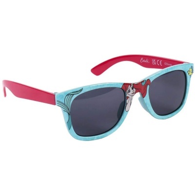 Óculos de sol com armação azul claro e hastes rosa com lentes escuras