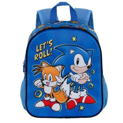 Mochila azul com personagens Sonic e Tails e texto LET'S ROLL!