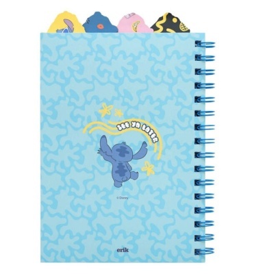 Caderno espiral azul claro com personagem Stitch e abas coloridas