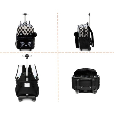 Mochila de rodinhas infantil preta com detalhes de gato e bolinhas cinzentas