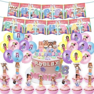 Decoração de festa de aniversário Roblox com bolo, cupcakes, balões e banner coloridos.