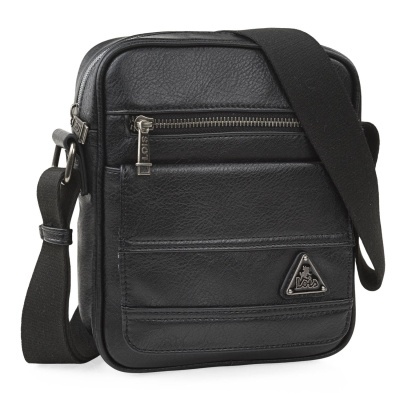 Mala de ombro pequena preta em pele com bolso frontal e logótipo triângulo metálico