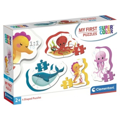 Caixa de puzzles infantis Super Color com animais marinhos e logo Clementoni