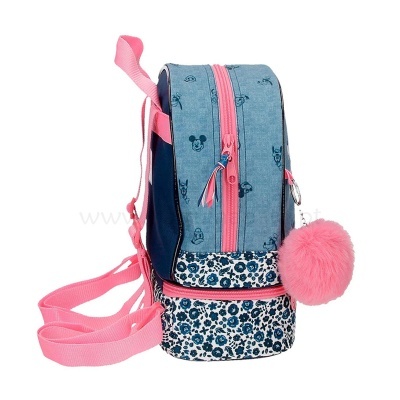 Mochila escolar azul com estampas Disney, zíper rosa e pompom cor-de-rosa