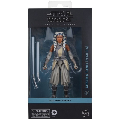 Figura de ação Star Wars Ahsoka Tano em embalagem preta e azul com duas espadas de luz