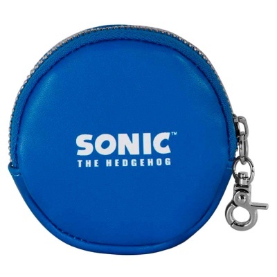 Pequena bolsa azul redonda com fecho e texto branco SONIC THE HEDGEHOG