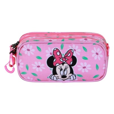 Estojo escolar rosa com padrão de flores e imagem da Minnie Mouse.