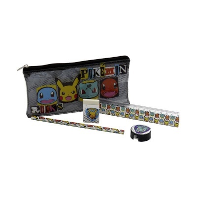 Estojo escolar Pokémon com acessórios com imagens dos personagens Pikachu, Bulbasaur, Charmander e Squirtle