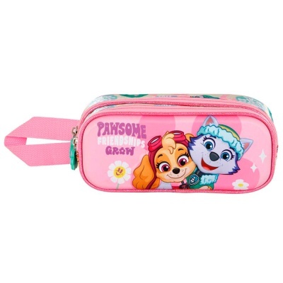 Estojo escolar rosa com personagens caninos e texto