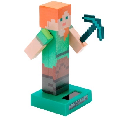 Figura Minecraft com picareta e base verde com texto MINECRAFT