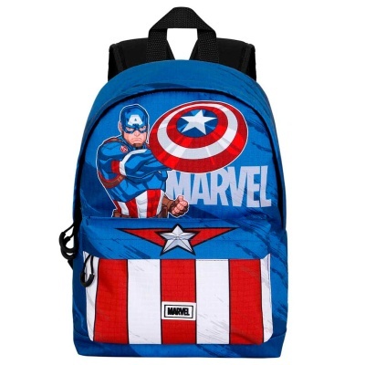 Mochila azul com desenho do Capitão América e logotipo Marvel