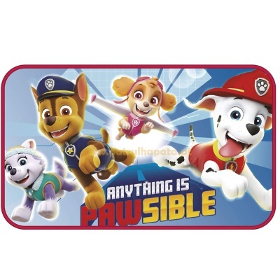 Toalha colorida com personagens da Patrulha Pata e texto 'ANYTHING IS PAWSIBLE'