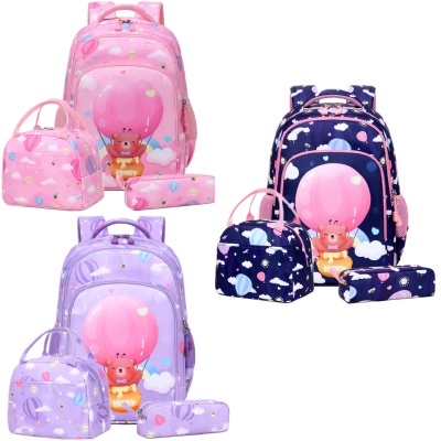 Conjuntos de mochila infantil com estojo e bolsa térmica em roxo, azul-escuro e rosa com desenho de urso e balão