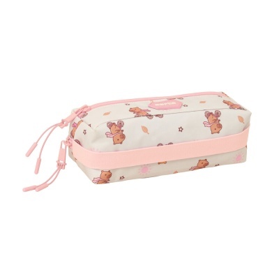 Estojo escolar creme com padrão de ursos e fecho rosa