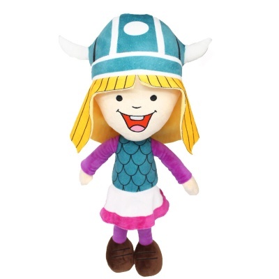 Boneca de peluche Viking com capacete azul e chifres brancos