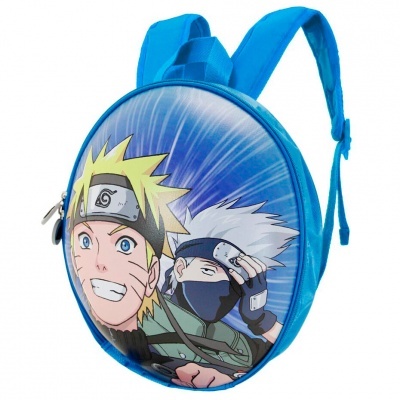 Mochila redonda azul com imagem dos personagens Naruto e Kakashi.