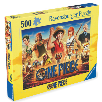Caixa amarela de quebra-cabeças Ravensburger 500 peças com tema One Piece