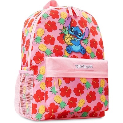 Mochila rosa com padrão de flores e ananases, imagem Stitch e bolso frontal