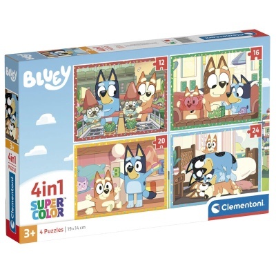 Caixa de puzzles Clementoni Bluey 4 em 1 com quatro imagens coloridas dos personagens da série animada
