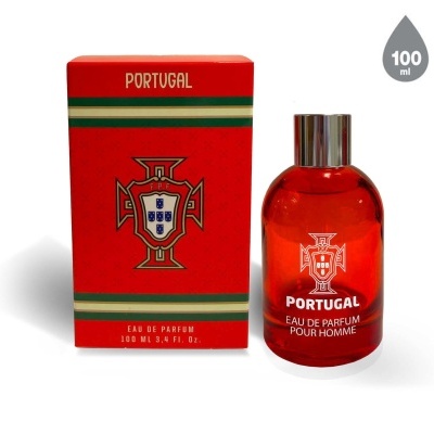 Perfume Portugal em frasco e caixa vermelhos com emblema e faixas verdes e amarelas