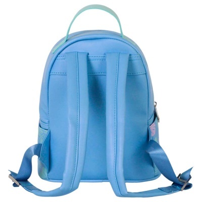Mochila pequena azul claro vista de trás com alças acolchoadas.