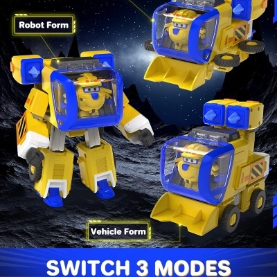 Brinquedo transformável 3 em 1 nas formas robô, avião e veículo, amarelo e azul