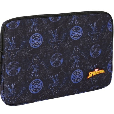 Capa para portátil azul escuro com padrão de aranhas e logótipo Spiderman
