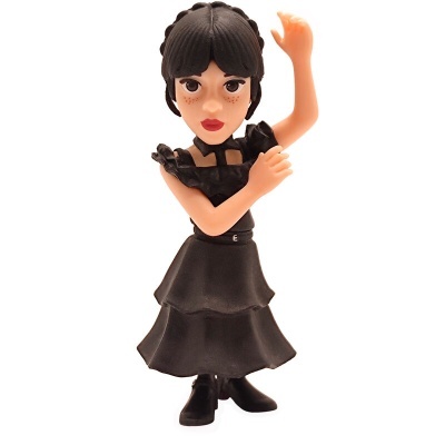 Figura de brinquedo de mulher com vestido preto e braço levantado