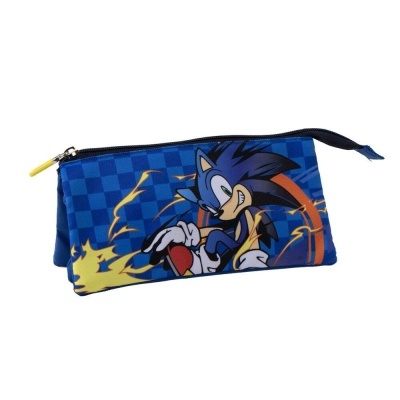 Estojo azul com estampa do Sonic e fecho amarelo