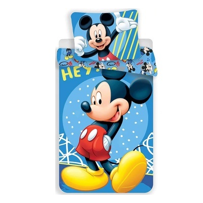 Conjunto roupa de cama infantil Mickey Mouse azul com texto HEY