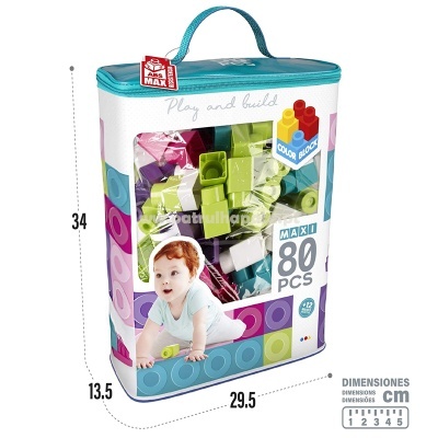 Saco com blocos de construção coloridos e ilustrações