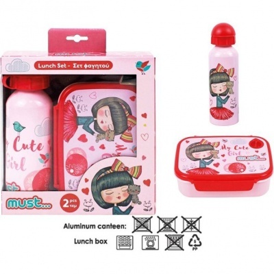 Conjunto de almoço infantil com garrafa e caixa em tons rosa e vermelho com ilustração de menina e texto