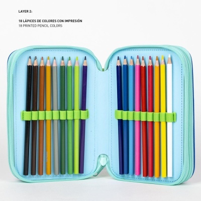 Estojo azul com 18 lápis de cor organizados em elásticos verdes