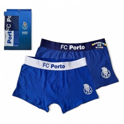 Dois boxers azul royal FC Porto com cintos elásticos e emblema do clube à esquerda da embalagem azul.