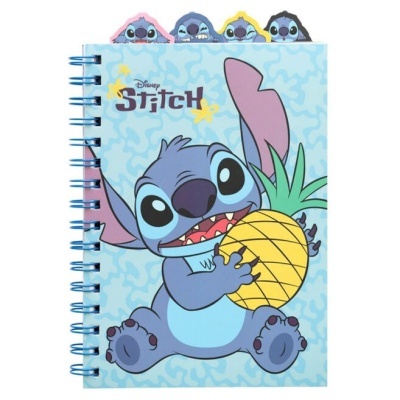 Caderno Disney Stitch com capa azul e personagem Stitch segurando ananás