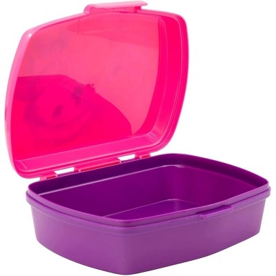 Recipiente plástico para alimentos roxo com tampa rosa aberta