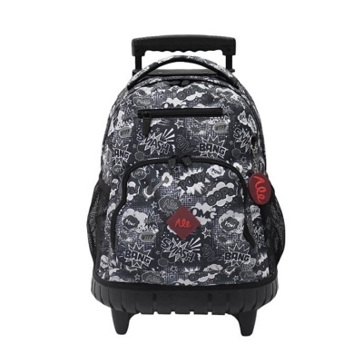 Mochila preta e branca com padrão de textos em estilo banda desenhada, rodinhas e alça preta.