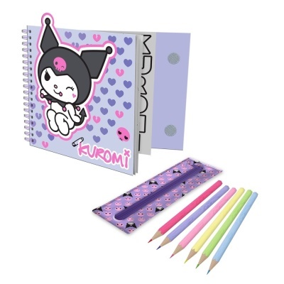 Conjunto de papelaria Kuromi com caderno lilás, régua e lápis de cor pastel